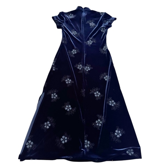 Vintage 90’s Navy velvet floral maxi dress short sleeves high neck size 4 petite - Picture 2 of 10